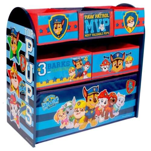 Paw Patrol toy storage organizer with 6 fabric bins, blue and red, with Paw Patrol characters