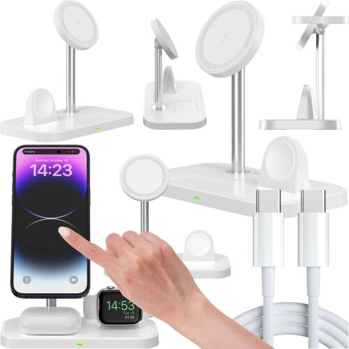 Collage of Tech-Protect A22 3-in-1 Wireless Charging Station features and usage