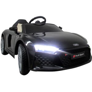 Szögletes nézet a fekete Audi R8 Sport elektromos kisautóról, bekapcsolt fényszórókkal - R-Sport