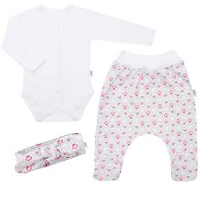 New Baby Kiddy 3-dielna súprava pre bábätká, biely body, sivé a ružové nohavice s nožičkami a čelenka - Kiddy