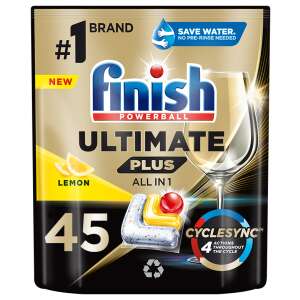 Finish Ultimate Plus All in 1 Tablete pentru mașina de spălat vase, lămâie, 45 bucăți, Powerball, Cyclesync, Economie de apă, Nu necesită clătire prealabilă - Produse pentru mașina de spălat