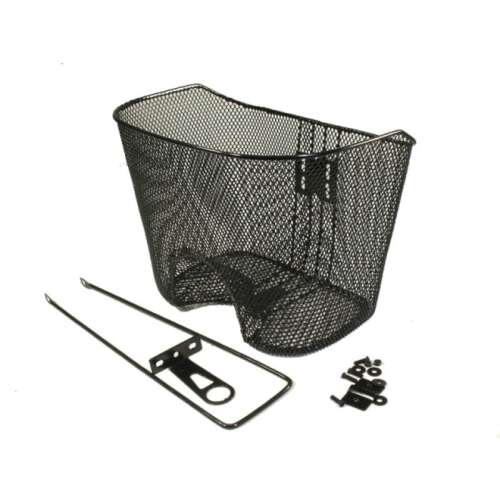 Black metal bicycle basket with mounting bracket and screws