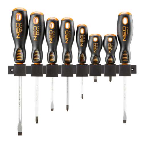 Set de 8 șurubelnițe NEO Tools, cu cap plat și cruce, vârfuri magnetice, oțel S2, mânere ergonomice