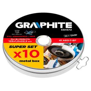 Rezací kotúč Graphite 125 mm na kov, 10 ks, 41 A60-T-BF, nerezová oceľ, super set, kovová krabička - Graphite