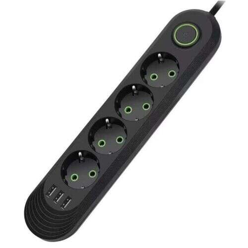 Schwarzer Steckdosenleiste mit 4 AC-Steckdosen und 3 USB-Anschlüssen, 2 Meter Kabel