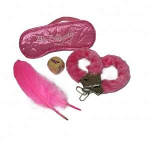Rózsaszín plüss bilincs szett tollal, szemfedővel és kockával - Felnőtt társasjáték