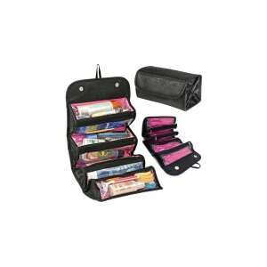 Fekete kozmetikai táska 4 cipzáras rekesszel, összehajtott és kinyitott állapotban, átlátszó zsebekkel és rózsaszín béléssel - Kozmetikai rendszerező