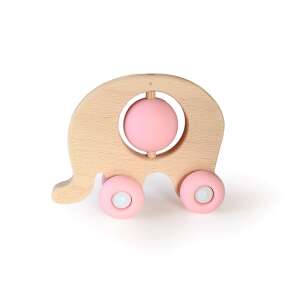 Wooden elephant pull toy with pink silicone wheels and a spinning ball, perfect for baby's development - Developmental Toy for Toddler