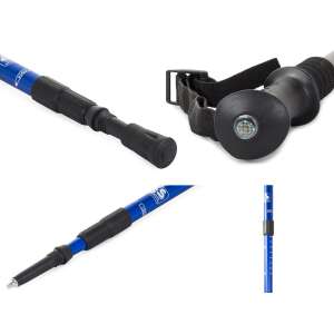 Trekking teleszkópos túrabot kompasszal, kék, állítható hosszúságú, könnyű, tartós, alumínium ötvözetből készült, 3 tippel, ütésgátló rendszerrel - Túrabot