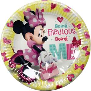 Disney Minnie Mouse Happy Paper Plates, 8 pack, 19.5 cm, featuring Minnie Mouse in a pink dress with a pink polka dot pattern, holding a pink purse with a heart on it, on a yellow background with hearts and the text 'Being Fabulous. Being Me.' - Party Supply