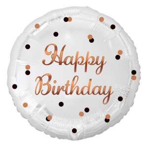 Biały balon foliowy Happy Birthday z napisami w kolorze różowego złota i czarnymi i różowymi złotymi konfetti, 36 cm - Bułka w powietrzu