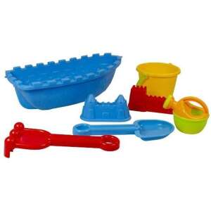 Kék műanyag homokozó hajó sárga vödörrel, piros lapáttal, kék lapáttal, zöld locsolókannával és két homokozó formával - Felfújható játék & Strandjáték