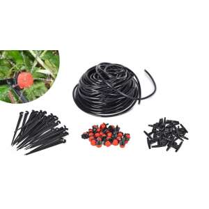 Csepegtető rendszer kertekhez, tartalmaz 15m tömlőt, csatlakozókat, csepegtetőket és rögzítő szárat - Csepegtető öntöző