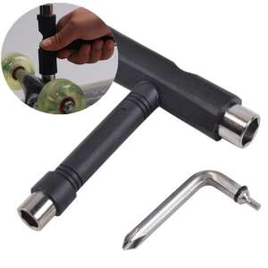 Skateboard T-tool with different attachments, used for tightening and loosening skateboard trucks and wheels - Socket Wrench