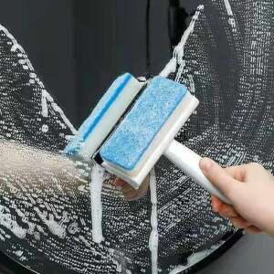 Multifunctional cleaning brush with blue sponge and squeegee for cleaning windows, mirrors, and other surfaces - Cleaning