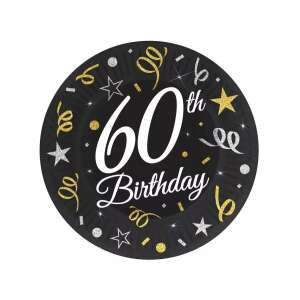 Black and gold 60th birthday paper plates, 6 pack - Disposable Plate
