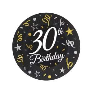 Fekete és arany 30. születésnapi papírtányér, 6 db-os csomag - Godan