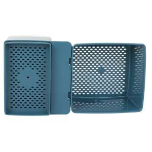 Kék műanyag mosogatószer adagolós szivacstartó, nyitott nézet a rekeszekkel - Mosogatószivacs