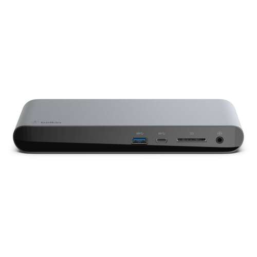Belkin Thunderbolt 3 Dock Pro, widok z przodu, kolor srebrny, pokazujący porty