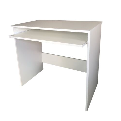 Angled view of Ivett white desk with keyboard tray