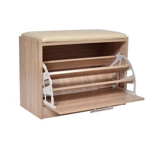 White oak shoe bench with cushioned seat and drawer, Milo shoe storage bench with open shelves