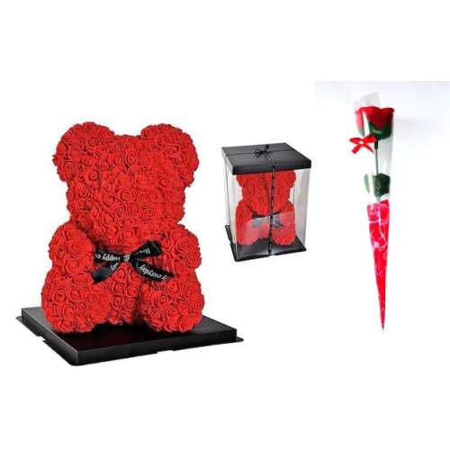 Rózsa maci, 25 cm, szappanrózsával, ajándékdobozban