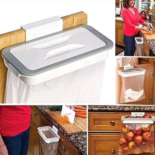 Attach-A-Trash door mounted trash can with a trash bag inside, used in a kitchen, collage of different usage examples