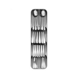 Grey plastic cutlery organizer with 5 compartments for spoons, forks, and knives, shown from the top - Bewello