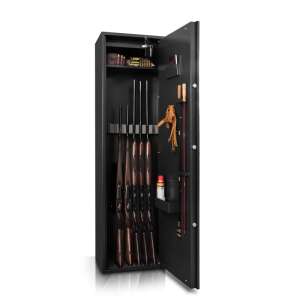 Alpha 6 gun safe with open door, showing interior with gun storage, ammunition compartment, and other features - Gun safe