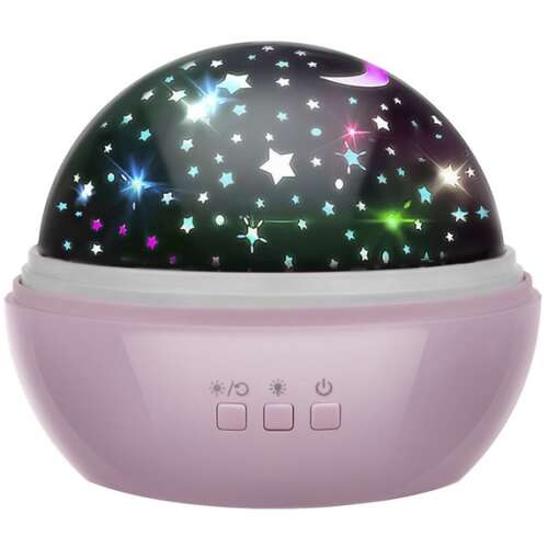 Pink star projector night light with rotating dome, projects stars and moon onto ceiling