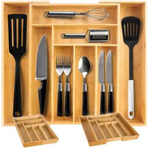 Bamboo cutlery organizer with adjustable width, 6 or 8 compartments, for organizing kitchen drawers - Kitchen & dining