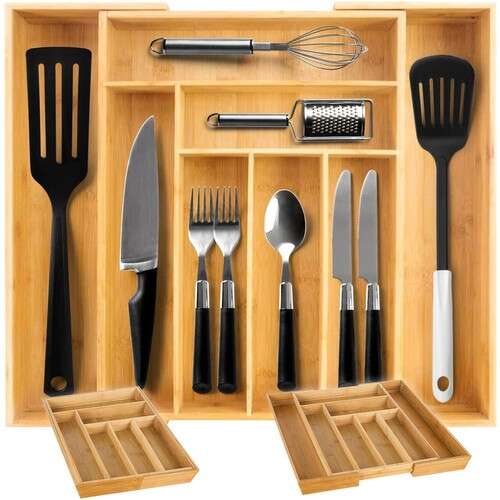 Bamboo cutlery organizer with adjustable width, 6 or 8 compartments, for organizing kitchen drawers