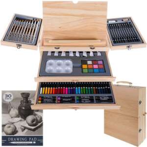 83 piece art set in a wooden case with easel, drawing pad, brushes, pencils, crayons, and paints - Kruzzel