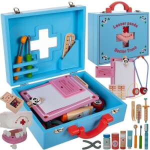 Lesser Panda Doctor Trunk wooden toy doctor's set with 43 pieces, including a suitcase, notebook, study jaw, stethoscope, nurse's cap, stickers, thermometer, 2 x paste, pliers, syringe, brush, mirror, tweezers, chisel, 2 packs of tablets, and an ID card. - Doctor Playset