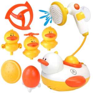 Bath toy set with a duck boat, three ducklings, a shower head, and a handheld shower - Bath Toy
