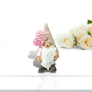 Porcelán arcátlan manó lufival, a manó fehér szakállal és rózsaszín lufikkal - Ajándék ötlet Valentin-napra