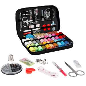 98 piece sewing kit with thread, needles, scissors, and other tools in a black carrying case - Sewing Kit