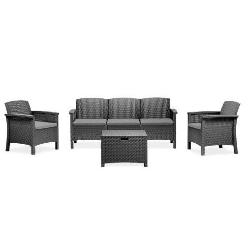 Zestaw mebli ogrodowych Venus 5-osobowy w kolorze grafitowym, w skład którego wchodzą dwa fotele, sofa 3-osobowa i kwadratowy stolik kawowy