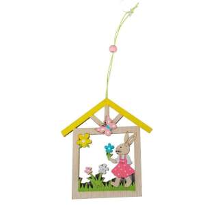 Drewniana dekoracja do zawieszenia w kształcie królika wielkanocnego, 13 cm, z żółtym dachem i kwiatami - Baba & Tipegő