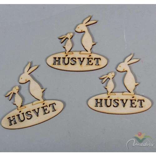 Set de 3 decorațiuni de Paște din lemn cu iepurași cu inscripția Húsvét, 8cm