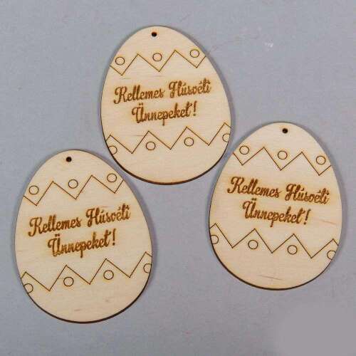 Set de 3 ouă de Paște din lemn cu gravare "Kellemes Húsvéti Ünnepeket!", 8cm