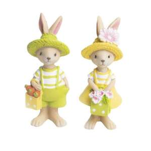 Zwei Osterhasen-Figuren, eine mit grünem Hut und die andere mit gelbem Hut, beide halten Körbe - Ostern Dekoration