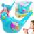 Tweet Along Bird Whistle & Bath Bubble Toy by Nola, blue bird whistle in hand, girl blowing pink bird whistle