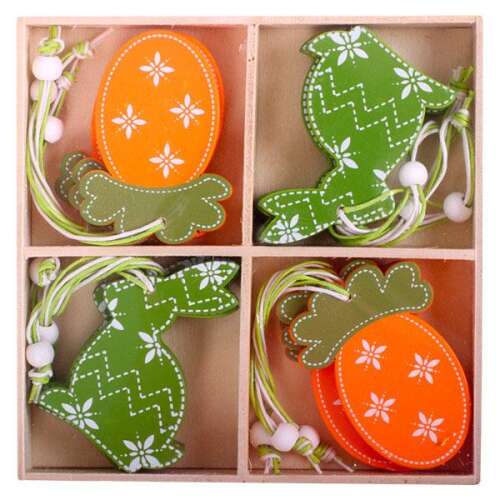 Set de 12 decorațiuni de Paște din lemn, inclusiv ouă și iepurași, perfect pentru decorarea casei pentru sărbători.