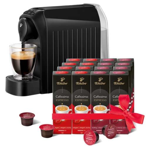 Tchibo Cafissimo Easy Kapszulás Kávéfőző, Fekete +Caf. Espresso Elegant Aroma 8x10db + Caf. Espresso Intense Aroma 8x10db
