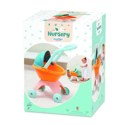 Ecoiffier Nursery doll stroller, blue and orange, packaging