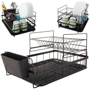Black 2-tier dish drying rack with cutlery holder, collage - Dish Rack