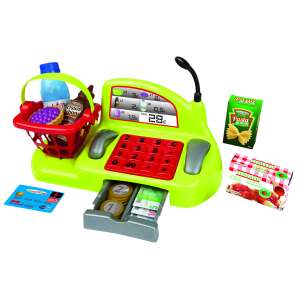 Ecoiffier Bubble Shop Cash Register Toy, green and pink, with shopping basket, money, credit card, and food items - Shop Playset, Shopping