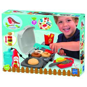 Ecoiffier pretend play grill set, gray, with accessories like burger, fries, ketchup, spatula, tongs, and more - Toy kitchen tool