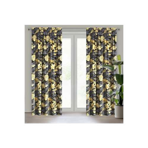 Bler bársony sötétítő függöny egzotikus levél mintával, sárga és fekete, 140x270 cm